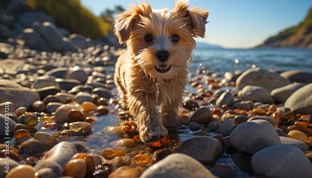 Cute puppy playing in the water, enjoying the summer outdoors generated by AI