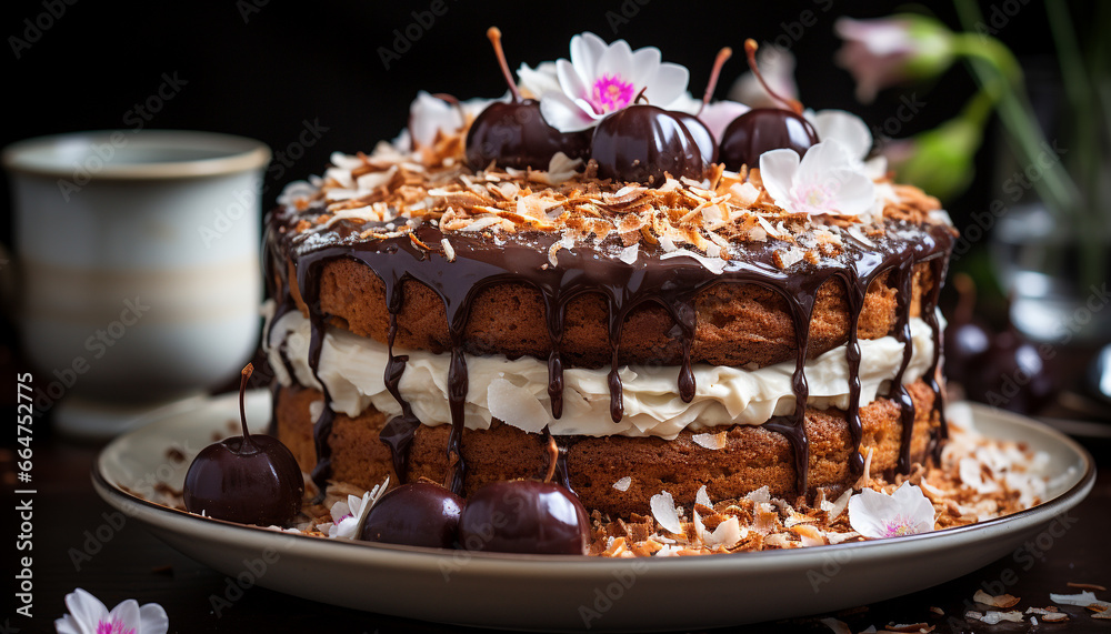 Gourmet chocolate cake with fresh strawberries, whipped cream, and decoration generated by AI