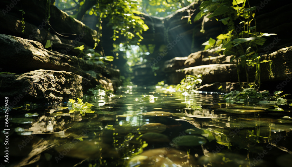 Tranquil scene of flowing water in a lush green forest generated by AI