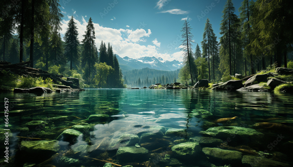 Majestic mountain peak reflects in tranquil pond, showcasing natural beauty generated by AI