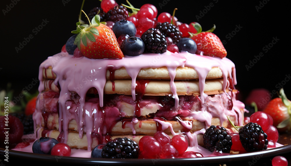 A plate of fresh, colorful berries on a wooden table generated by AI