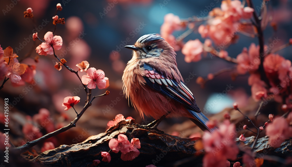 A small bird perching on a branch, surrounded by vibrant flowers generated by AI