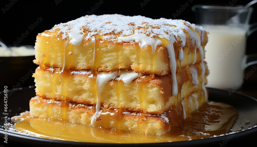 Freshly baked dessert on a plate, a sweet and creamy slice generated by AI