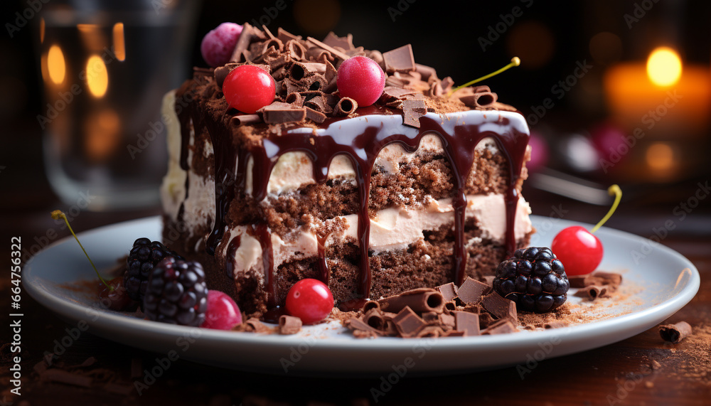 Gourmet chocolate cake slice with fresh berries and whipped cream generated by AI