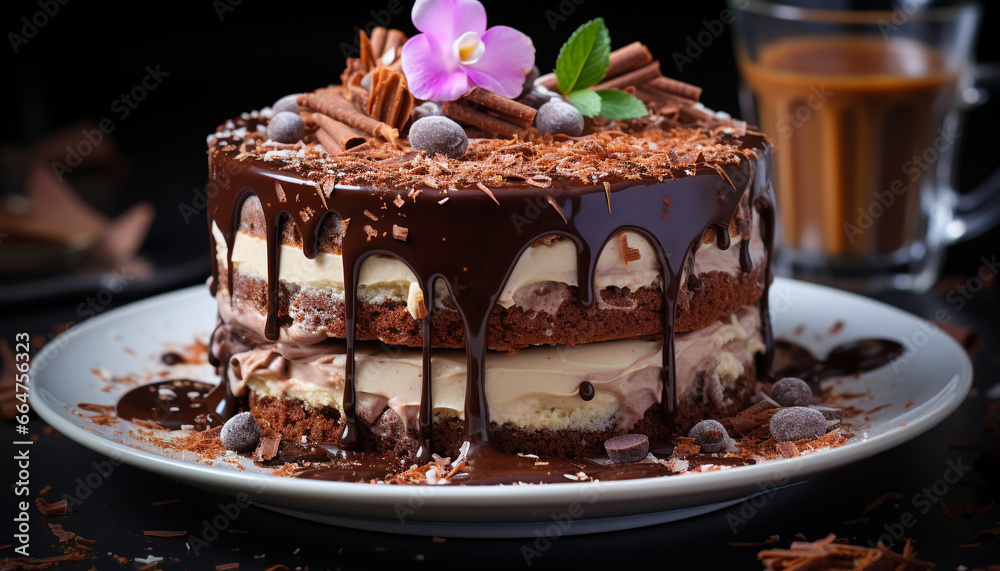 A slice of homemade chocolate cake on a wooden plate generated by AI