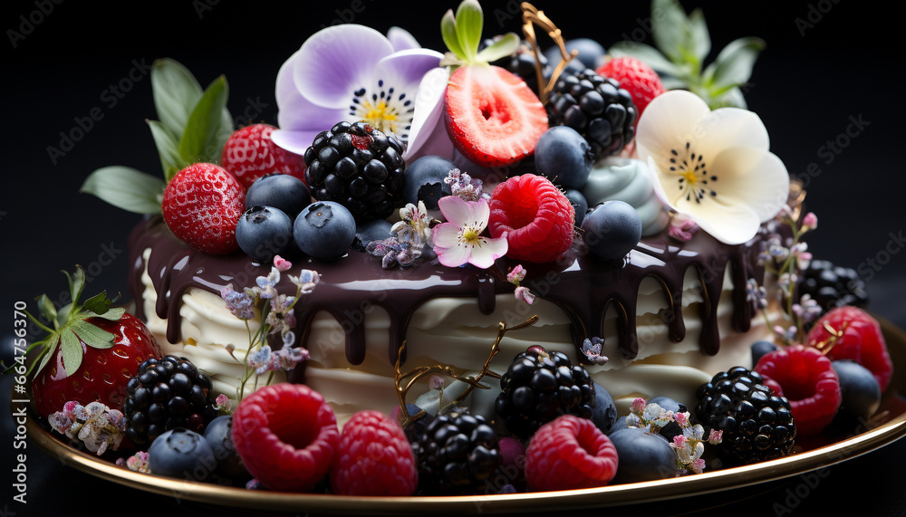 Freshness of nature berries, indulgence in homemade gourmet dessert generated by AI