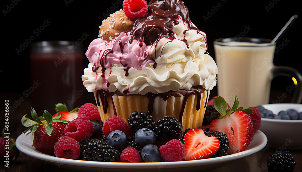 Freshness of summer berries on a wooden table, indulgent dessert generated by AI