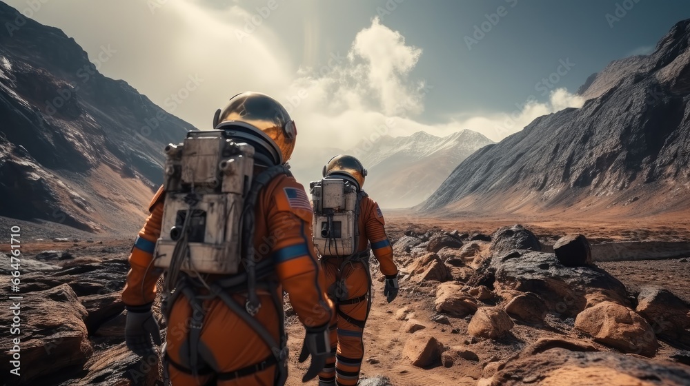 Astronauts in spacesuits is exploring the surface of Mars.