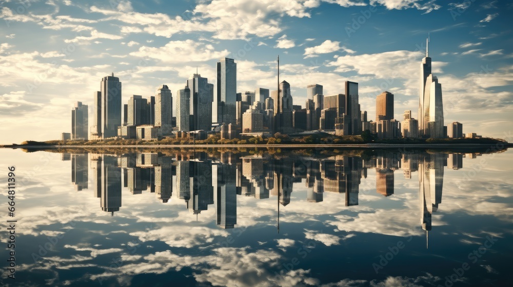 Modern city reflected in the water, City buildings.