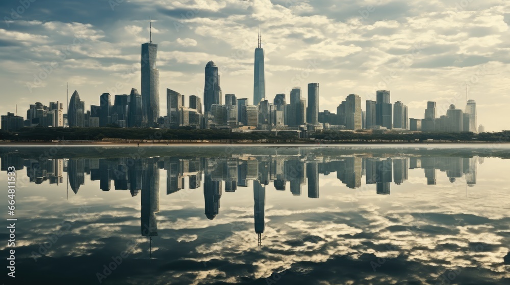 Modern city reflected in the water, City buildings.