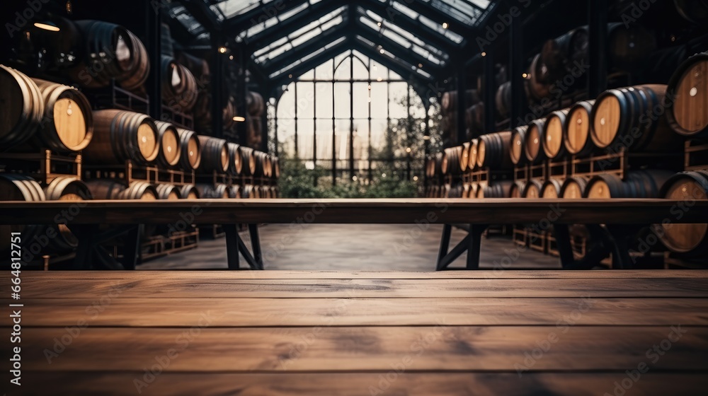 Empty wooden table against the backdrop wine barrels in wine vaults.