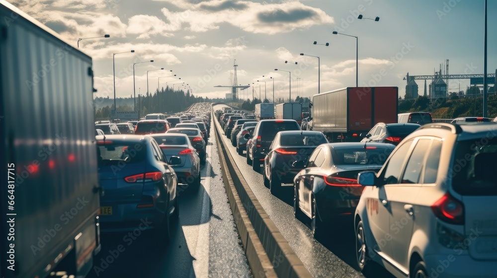 Large queue of vehicles on motorway pay toll in rush hour.