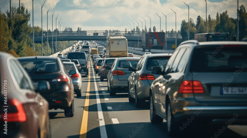 Large queue of vehicles on motorway pay toll in rush hour.