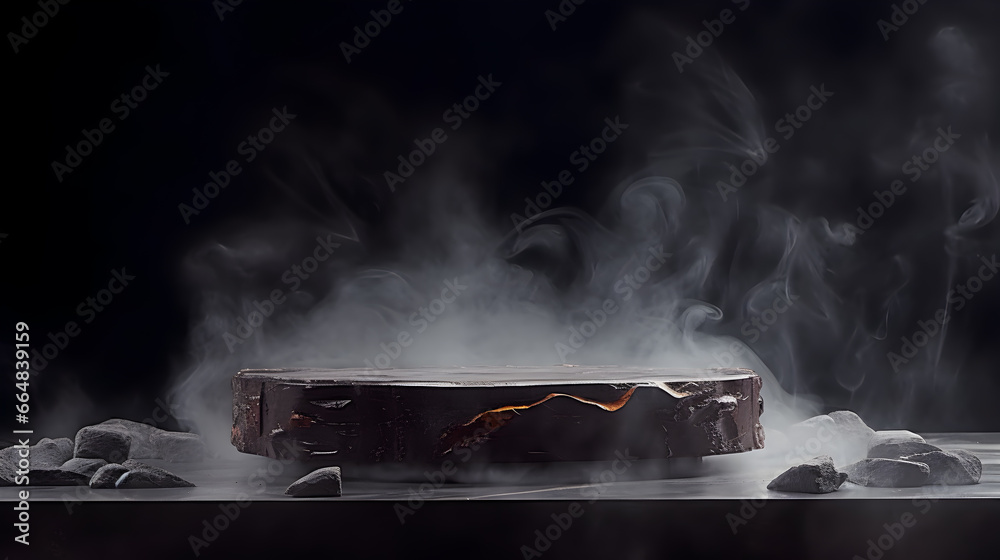 Abstract minimal concept. Dark background with natural granite stones podium on water and smoke surrounding. Mock up template for product presentation