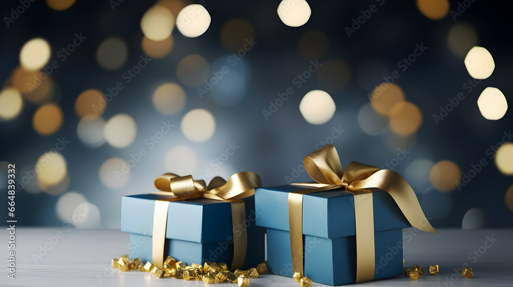 Blue Christmas gift boxes with gold bow on blue defocused holiday background,  Christmas background