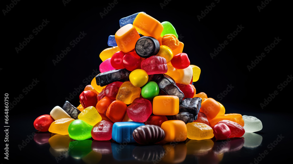 Top view on delicious multicolored candies on black rustic background. Generative AI