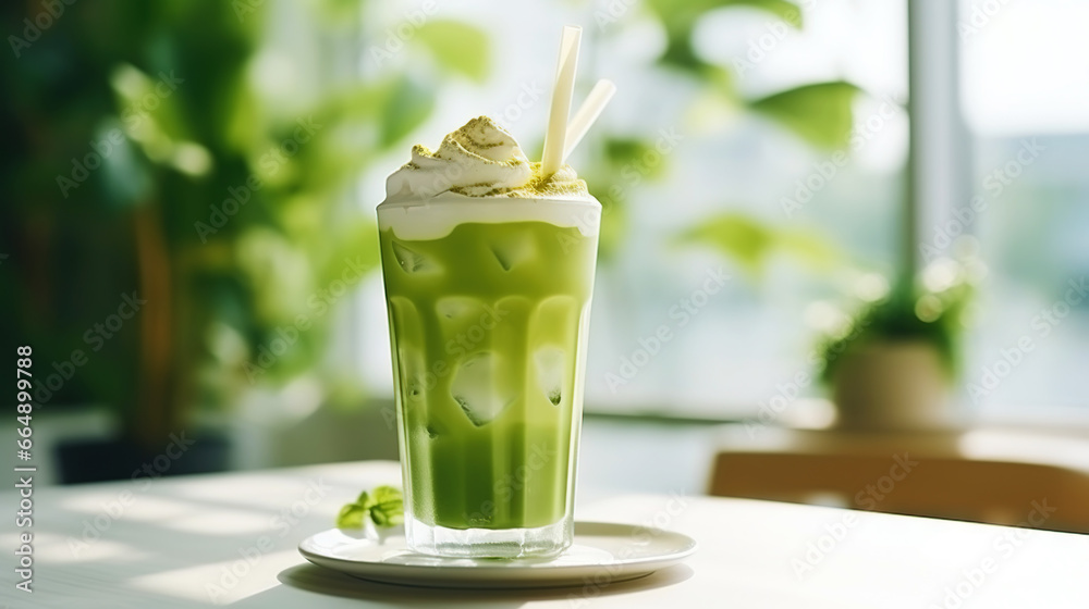 Closeup of iced matcha latte in a stylish glass on sunny background in front of the window in a cafe. Generative AI