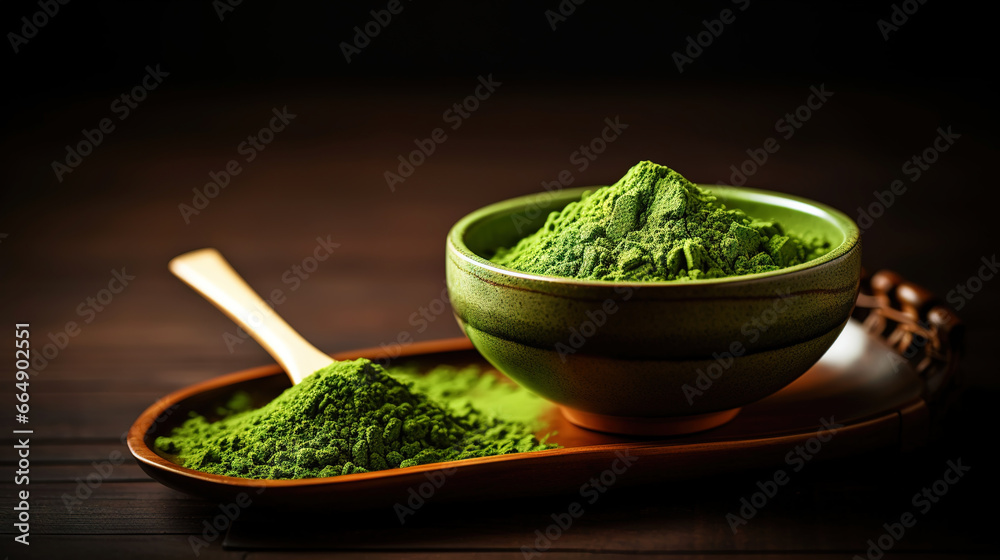 Closeup of matcha tea powder in a wooden plate with whisk on dark background, side view, copy space. Generative AI