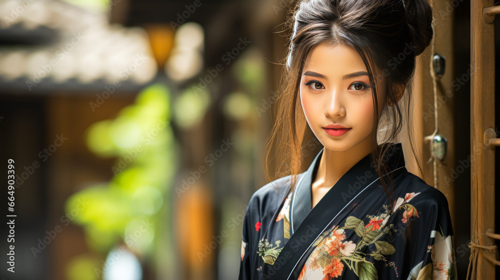 Japanese teen in yukata, kanzashi at Kyoto temple.