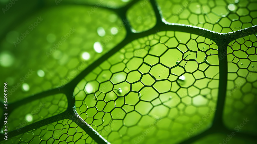 Fantasy plant cells microscopy. Green organic structures. Microlife concept. Generative AI