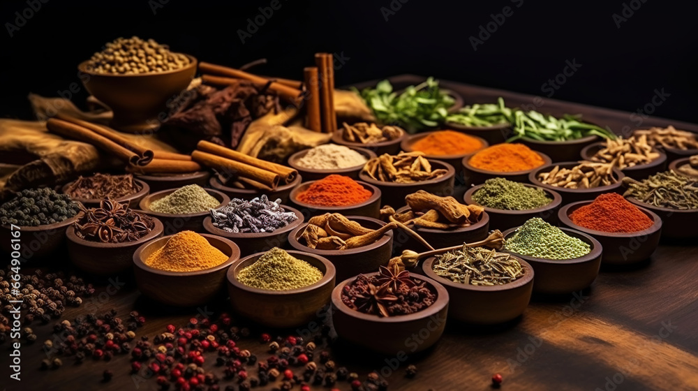 Collection of different aromatic spices, seeds and herbs in a small plates on wooden table, side view. Generative AI