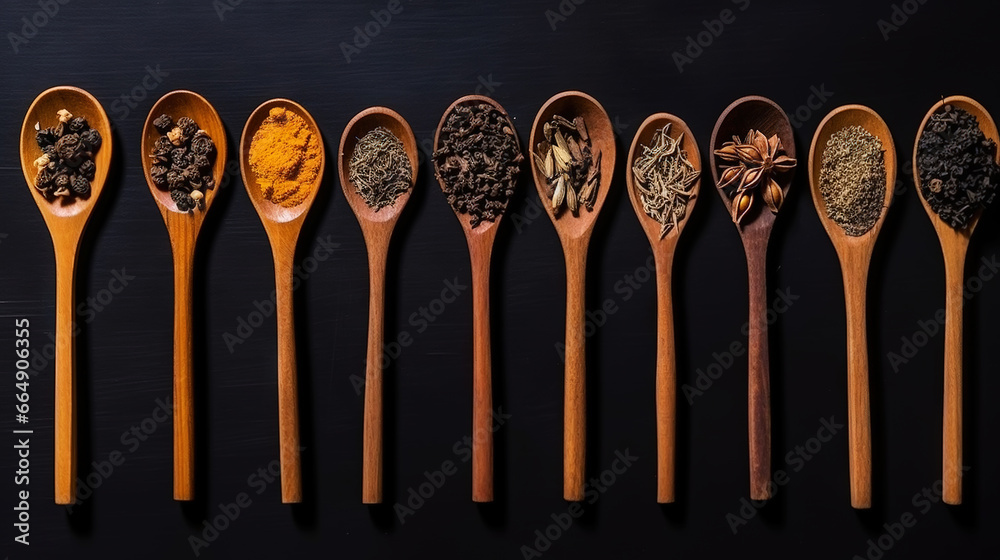 Different types of tea and herbs in vintage wood spoons, top view on dark background. Copy space. Generative AI