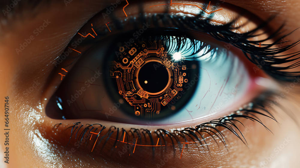 Female android robot eye close up. Digital iris of cyber woman. Bionic technology concept. Generative AI