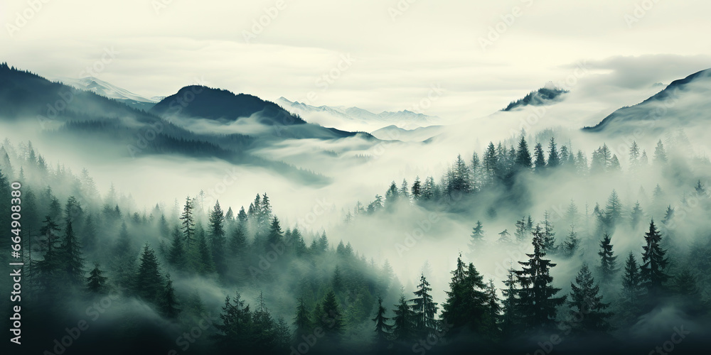 Misty mountain landscape with fir forest in vintage retro style. Generative AI