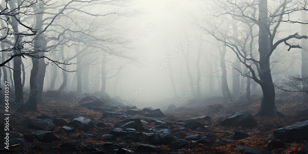 Misty forest with dare trees and rocks. Minimalistic scenery landscape. Generative AI