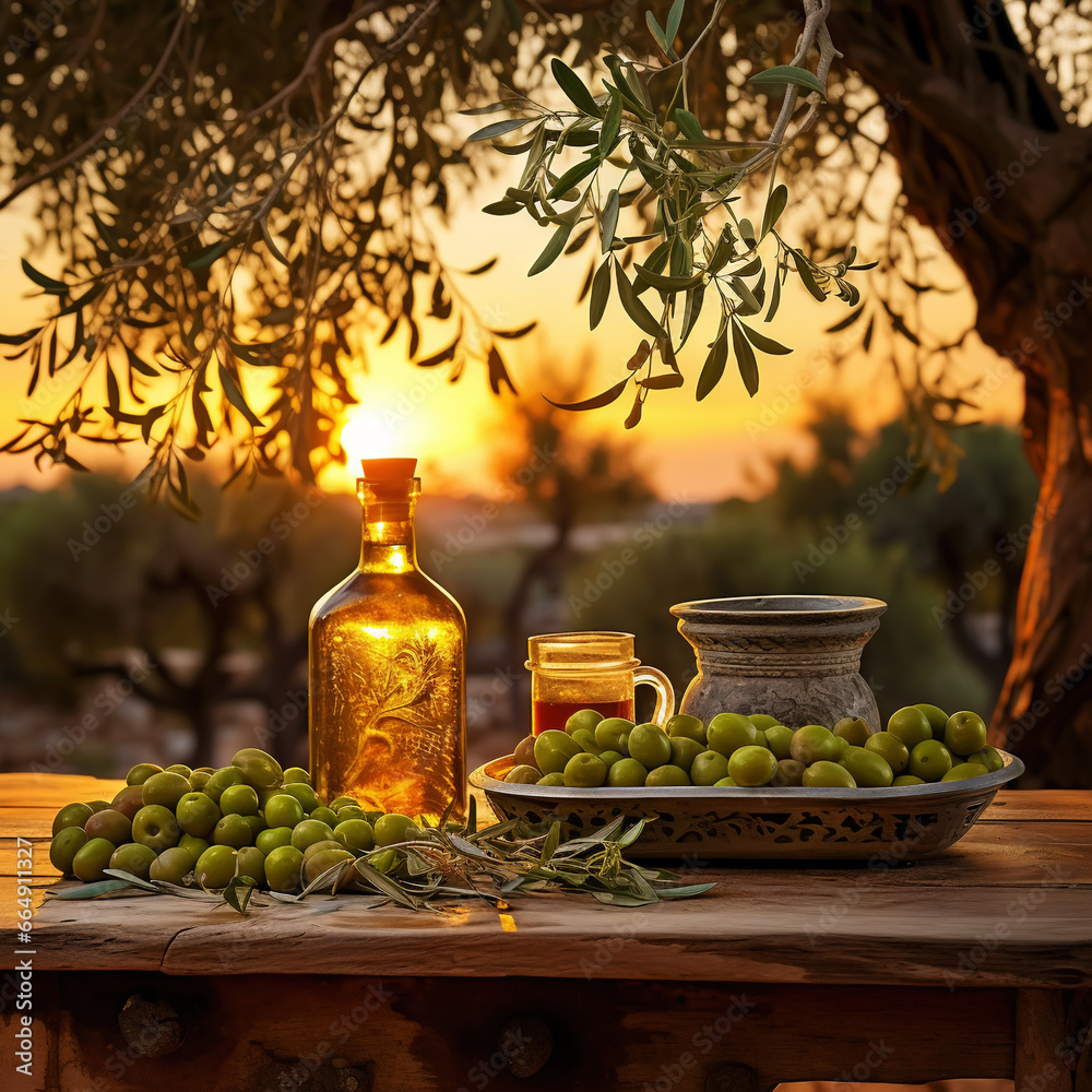 Bottles with organic olive oil and olives on a wooden table on the background of sunset in an farm garden. Generative AI