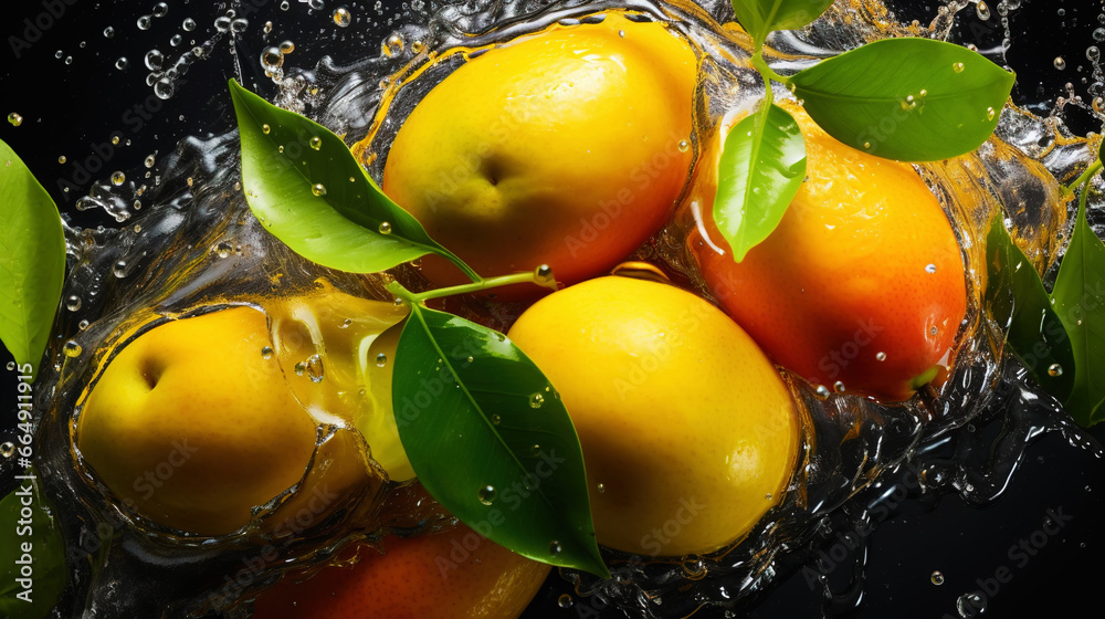 Fresh mangoes with water splashes on black background. Generative AI