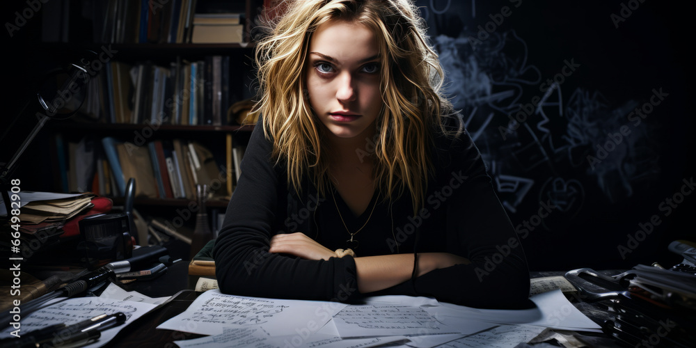 Blonde teenage girl intensely scribbling in diary in gothic bedroom.