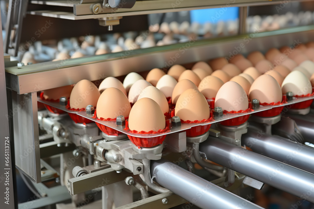 Automated Robotic chicken eggs line. Industrial food production plant indoors