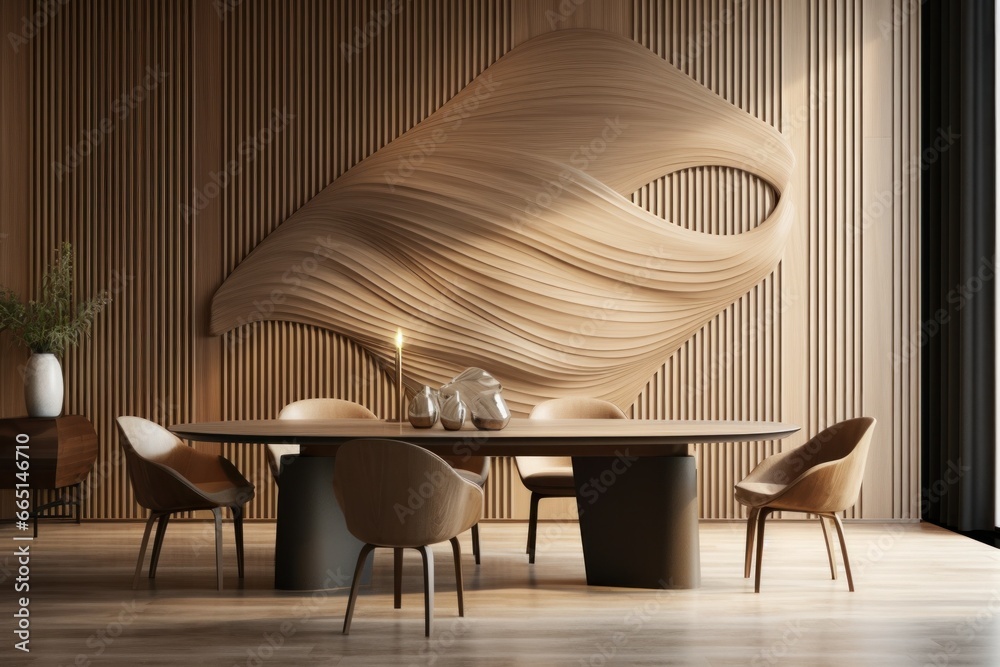 Simplistic Interior Design for a Modern Dining Room with an Arched Abstract Wood Paneled Wall