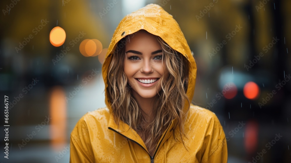 Woman in yellow raincoat with umbrella in the rain