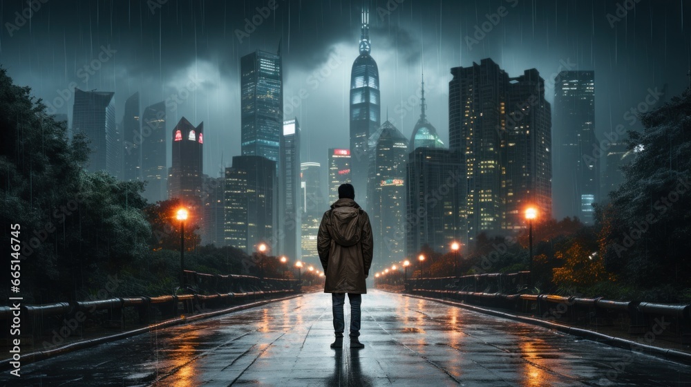 Man walking in the rain with city skyline in background