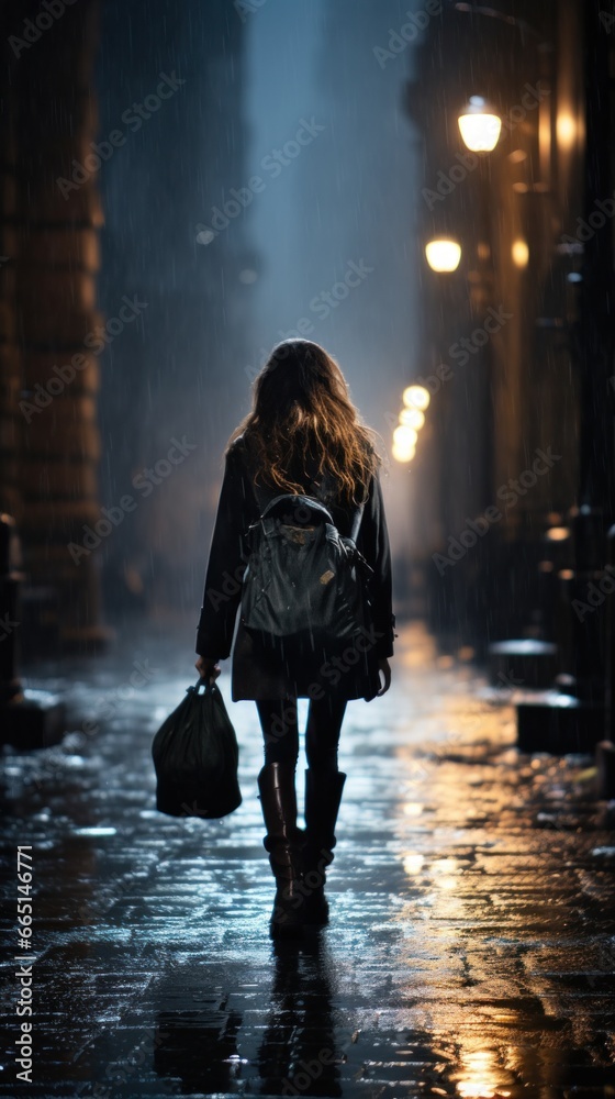 Woman walking alone in the rain