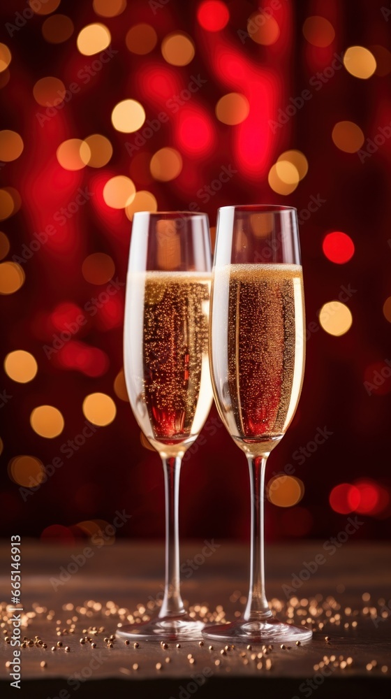 Two glasses of champagne against a festive red and gold