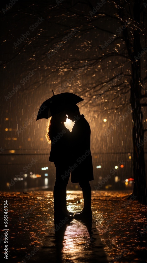 Couple under one umbrella in the rain