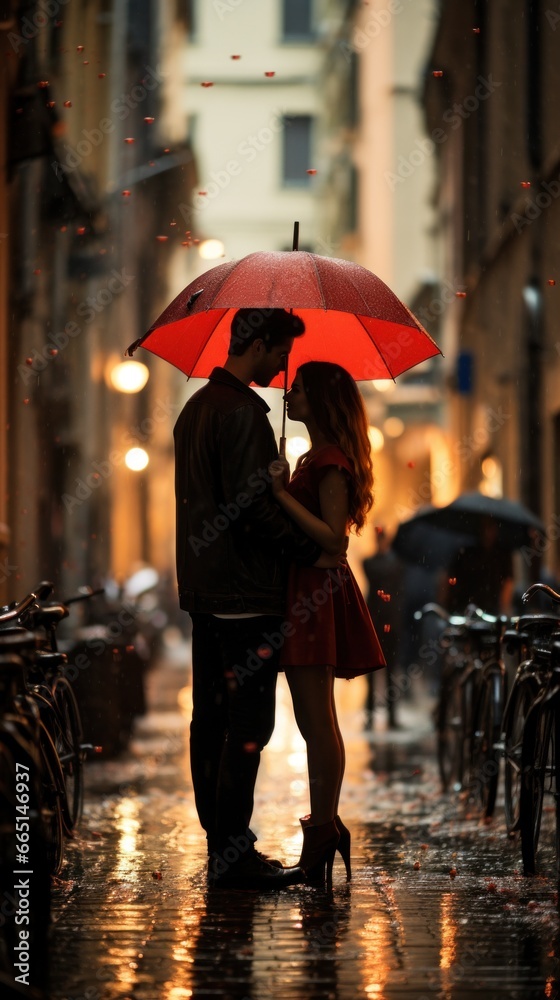 Couple under one umbrella in the rain