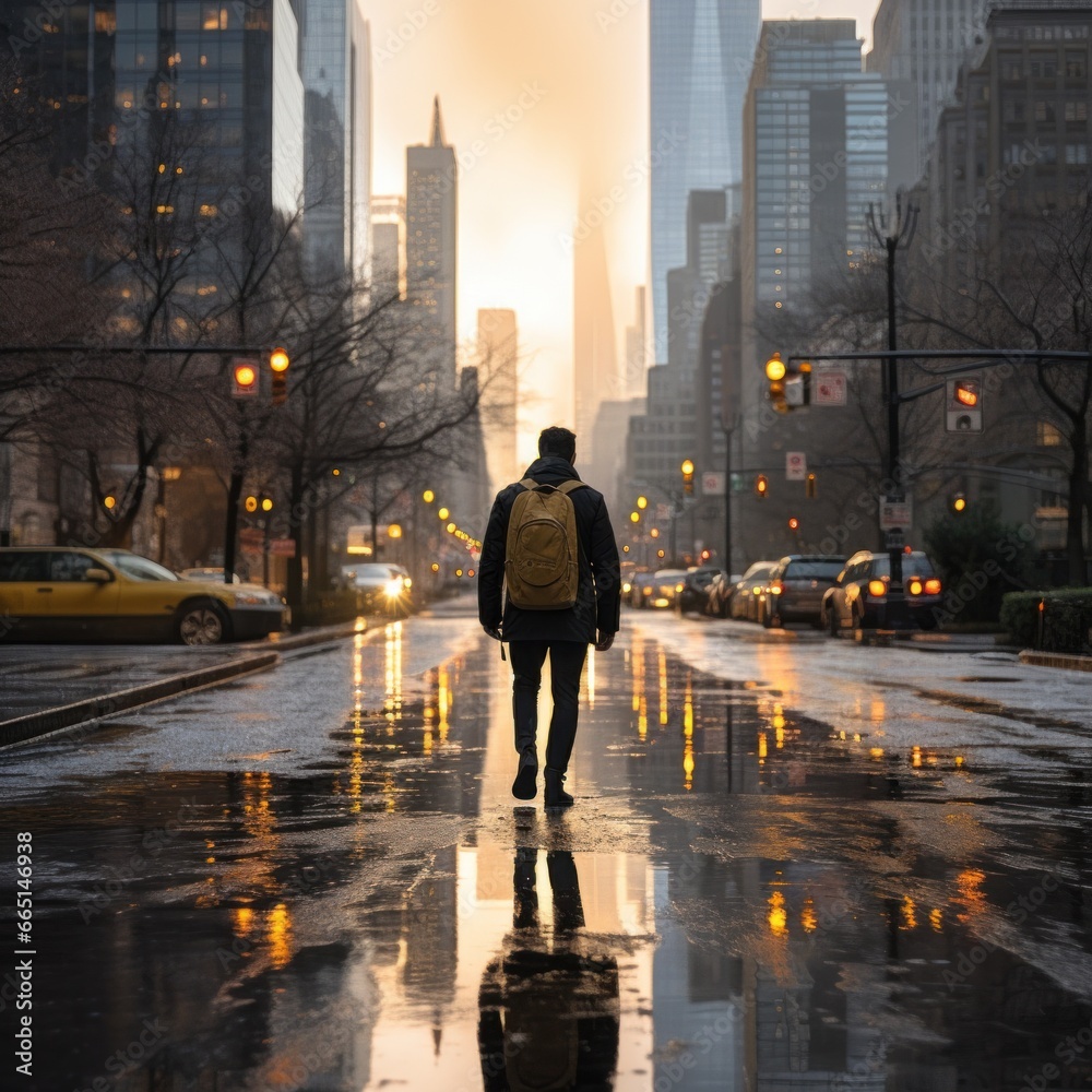 Man walking in the rain with city skyline in background