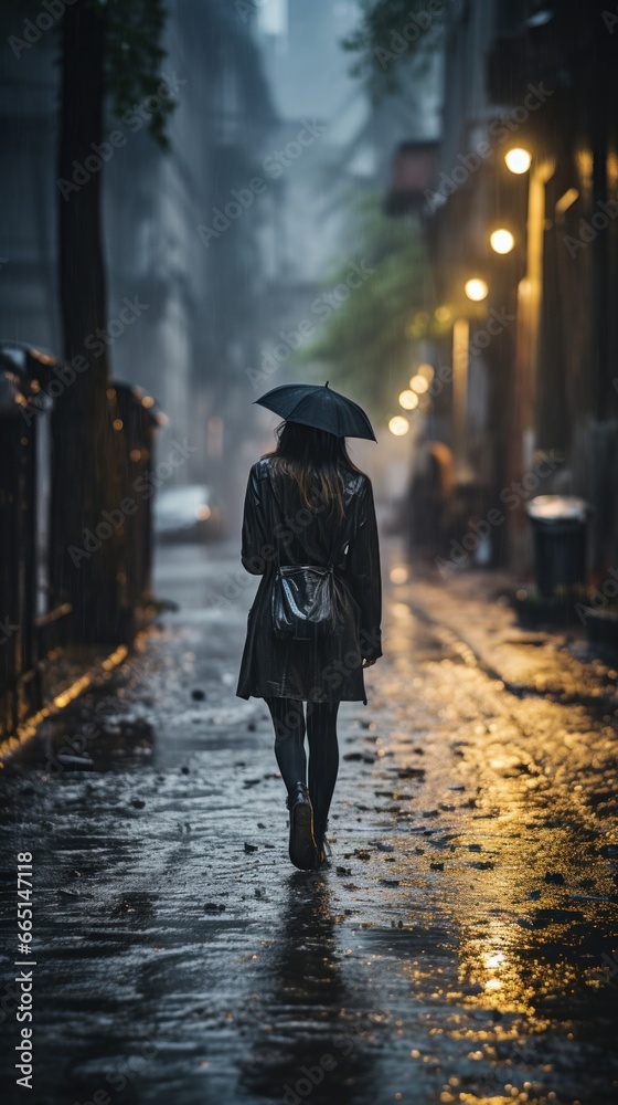 Woman walking alone in the rain