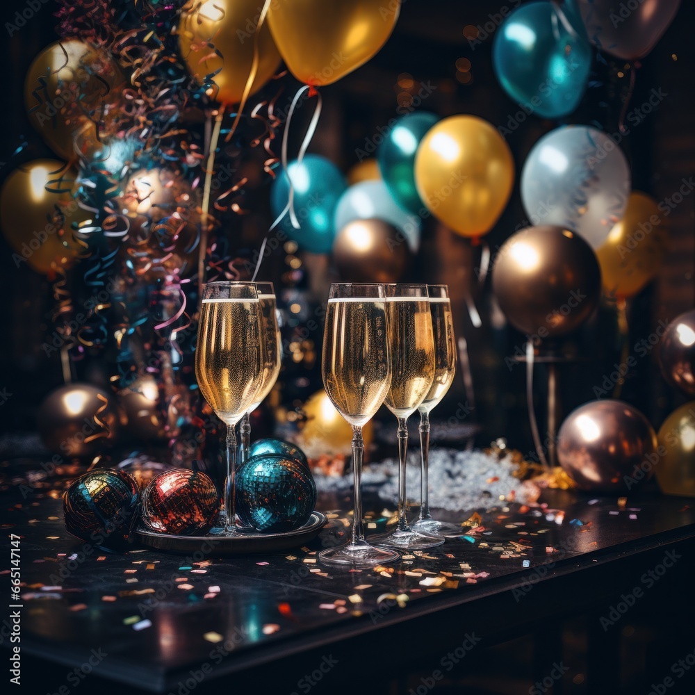 Champagne glasses surrounded by colorful balloons and streamers