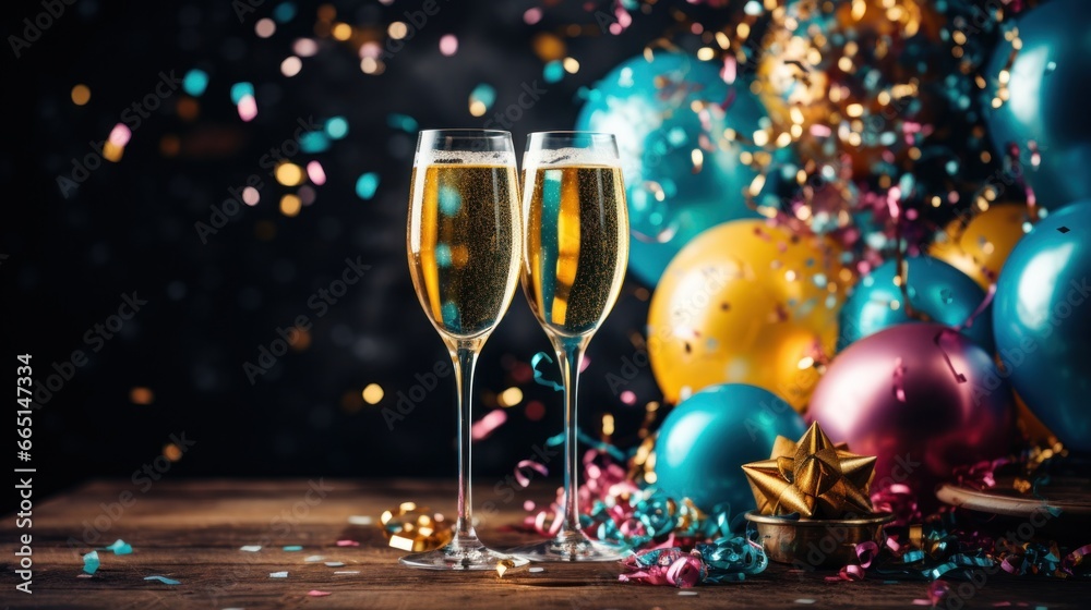 Champagne glasses surrounded by colorful balloons and streamers