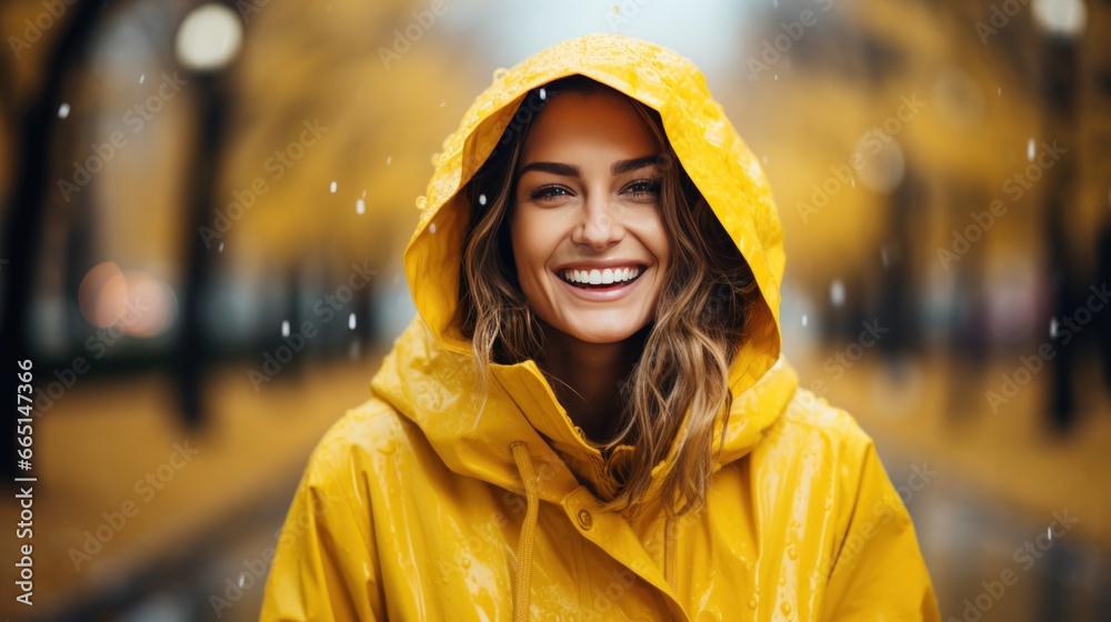 Woman in yellow raincoat with umbrella in the rain