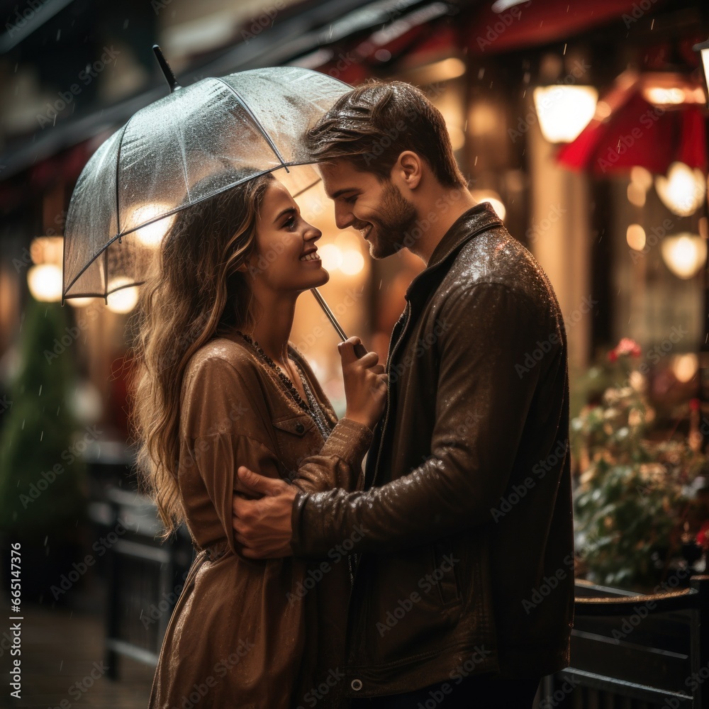 Couple under one umbrella in the rain