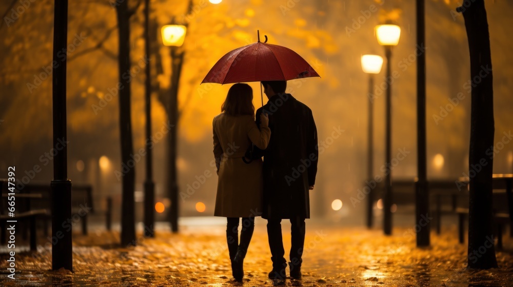 Couple under one umbrella in the rain