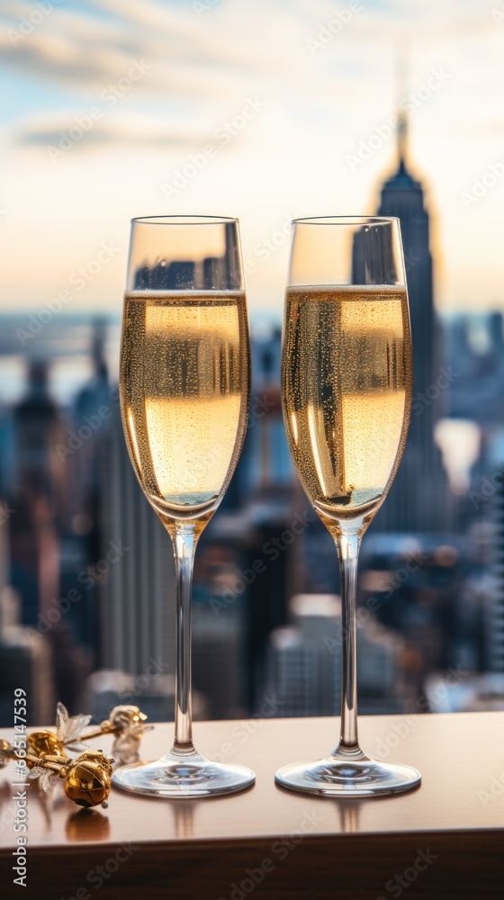 Champagne flutes with a sparkling cityscape in the background