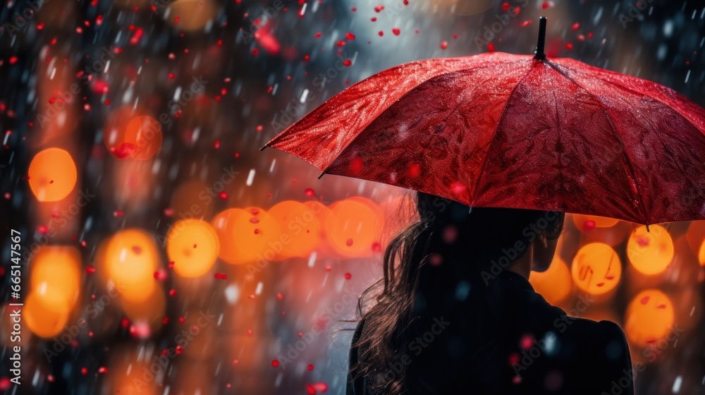 Young woman with red umbrella in the rain