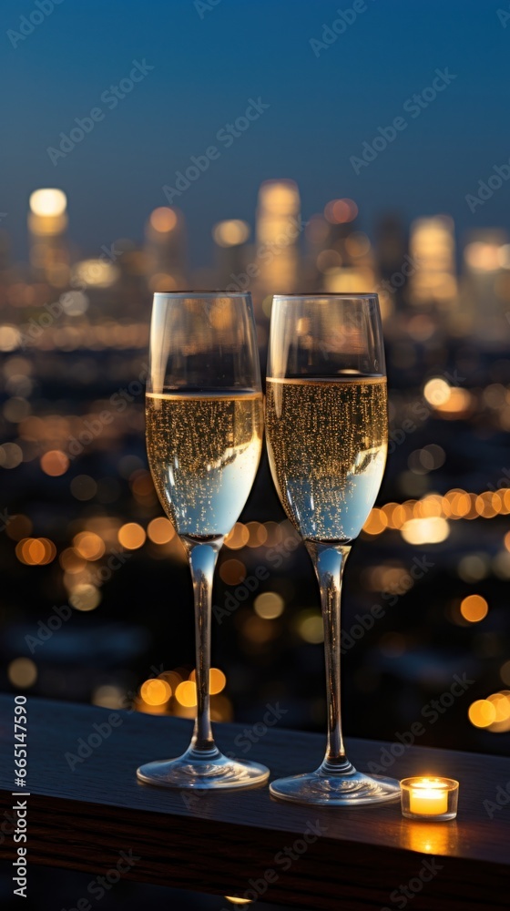 Champagne flutes with a sparkling cityscape in the background